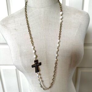 Silver and gold tone fresh water pearl long cross necklace